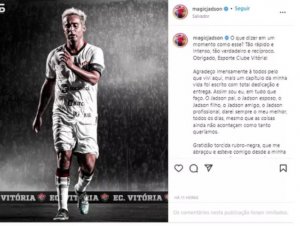 Jadson se despede do Vitória nas redes sociais: 