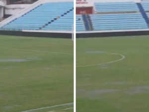 Vídeo: Palco do duelo entre Moto Club x Bahia sofre com fortes chuvas; assista